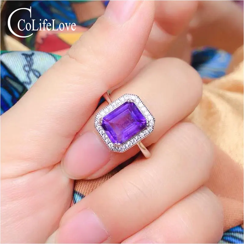 CoLife Jewelry Silver Amethyst Ring for Office Woman Natural Emerald Cut Amethyst Silver Ring Sterling Silver Amethyst Jewelry