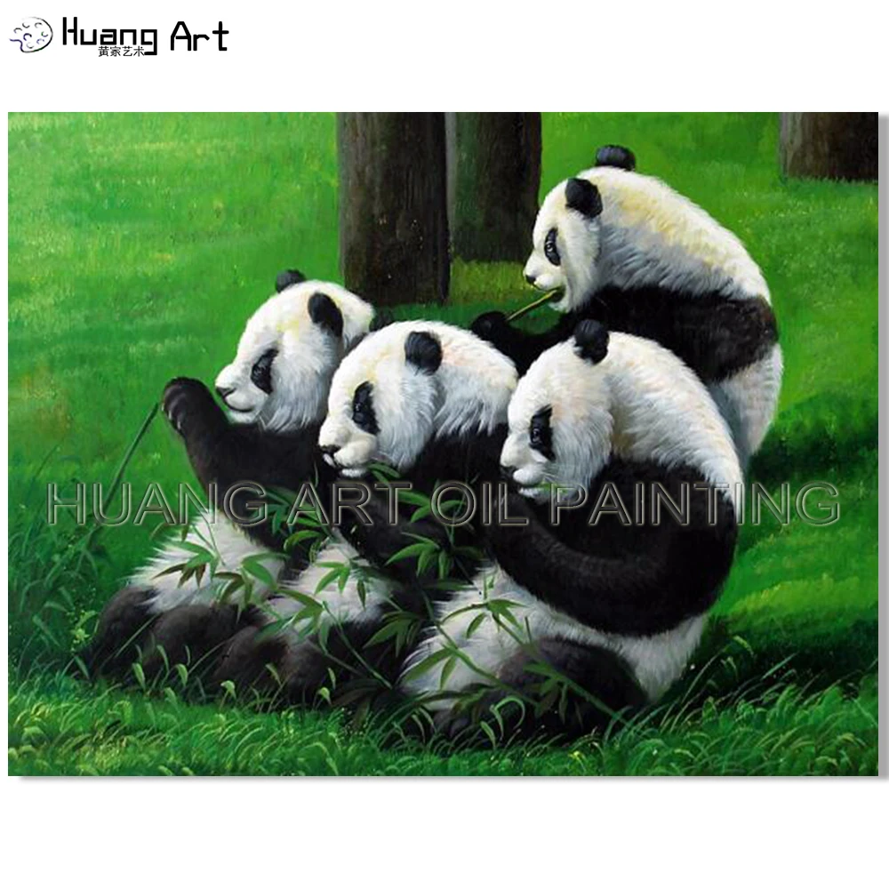 New Arrivals HandPainted Animal Oil Painting Lovely Four pandas Eat Bamboo Landscape Painting on Canvas for Home Decor Wall Art