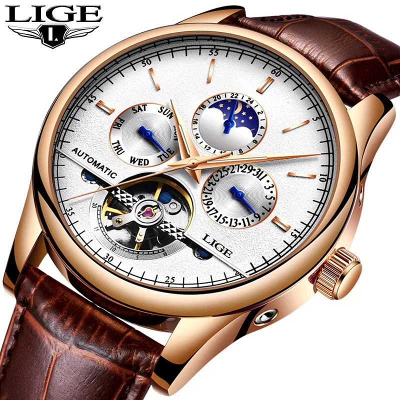 LIGE Luxury Brand Men Watches Automatic Mechanical Watch Tourbillon Sport Watches Automatic Date Clock Waterproof Wristwatch+ox