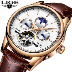 LIGE di Affari di Modo Mens Orologio Automatico In Pelle Impermeabile Della Vigilanza di Mens Meccanica Tourbillon Orologi Sportivi Relogio Masculino