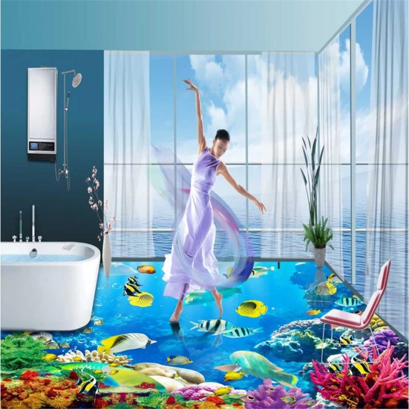 

beibehang Custom floor 3d mural underwater world coral sea self-adhesive 3D floor decoration painting papel de parede flooring