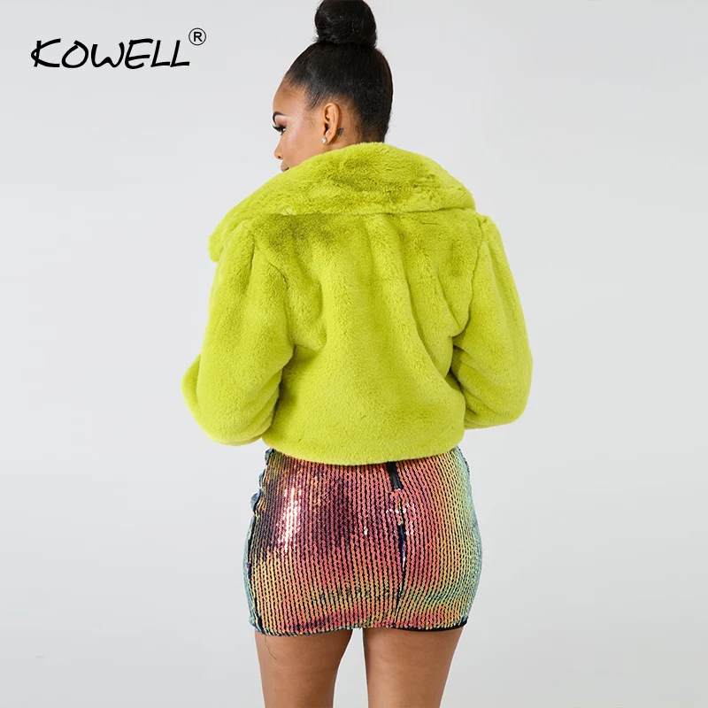 Hot Sale 2019 Fashion Lime Green Short Faux Fur Coat Winter Neon Fluorescent Warm Cardigan Cropped Jacket Fluffy Teddy Coats