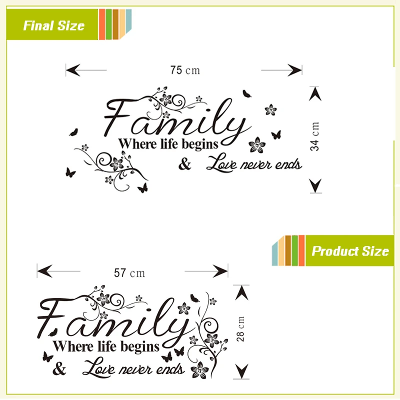 Love Family Where Life Begins Love Never Ends Removable wall Stickers Parlor background Vinyl Art Bedroom Home Decor Mural Decal