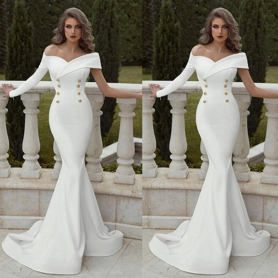 Chic Mermaid ชุดแต่งงาน2020ปิดไหล่ Ruffles กวาดรถไฟ Vestidos De Novia ปุ่ม Robe De Soiree