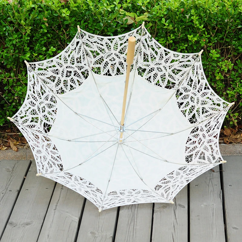 2024 Summer Vintage Lace Umbrella Parasol For Birde High Quality Lace Wood Handle Womens Wedding Sun Umbrella Sombrillas Boda