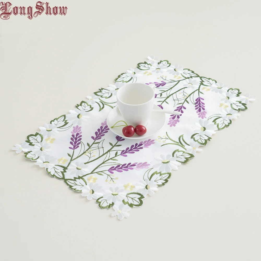 Festival Christmas Decorative Luxury Beige Satin Lavender Lilac Embroidered 30x45cm Oblong Oval Hollow-Out Cutwork Placemat