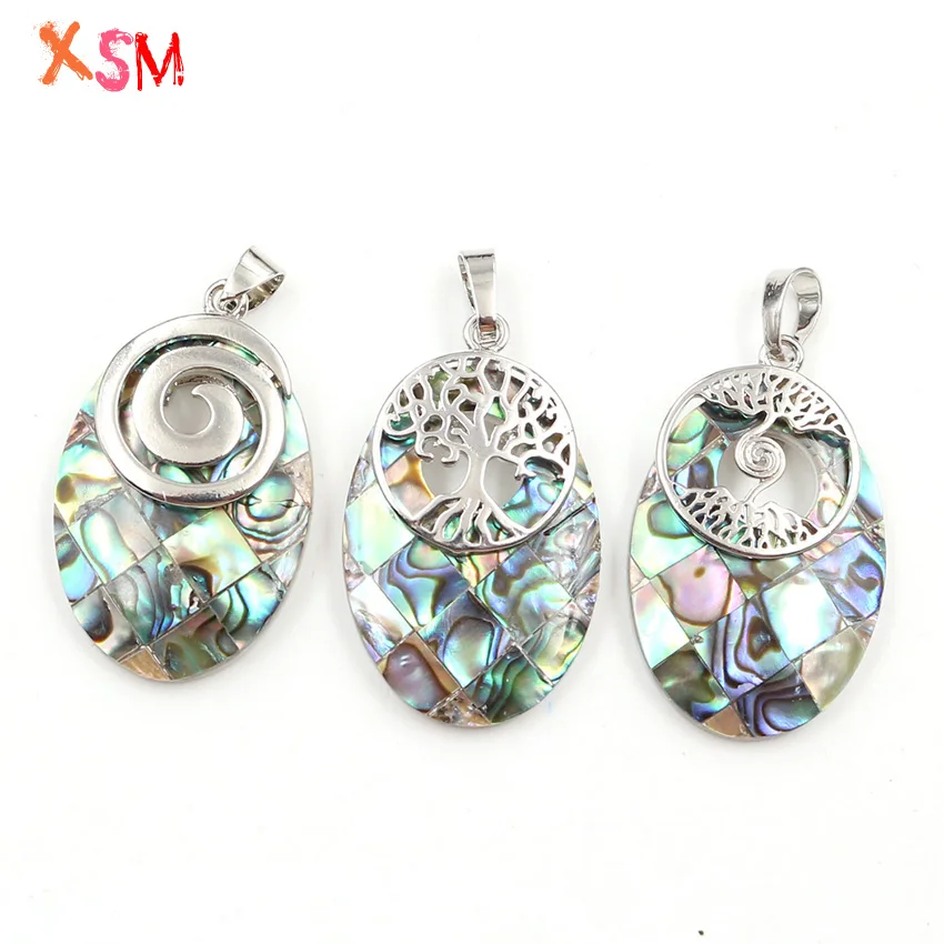 xinshangmie 1 Pcs Oval Natural Abalone Shell Pendant Silver Plated Peace Buckle Hollow Tree of Life Women Charm Necklace Pendant