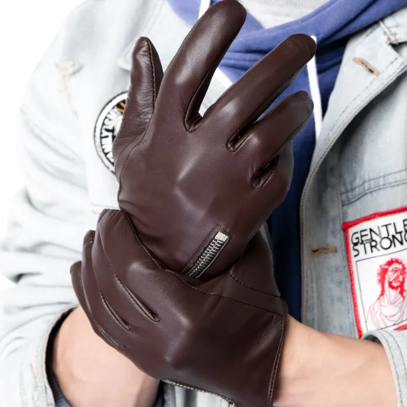 Men\'s Genuine Leather Gloves fashion classic short side zipper style Real Sheepskin Black Touch Screen Winter Warm