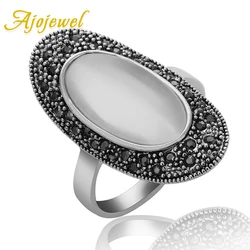 Ajojewel Pave Black Rhinestone Oval Shaped White Opal Stone Rings For Women Vintage Finger Ring Fashion Accessories