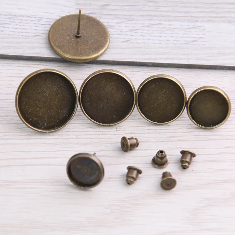 20pcs 10/12/14/16/18mm Vintage Adjustable Stud Earrings Bases+Ear cap Blanks Antique Bronze Cabochon Stud Earrings