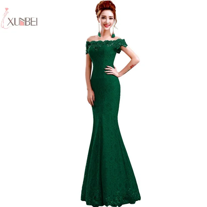 2019 Green Mermaid Lace Long Prom Dresses Off The Shoulder Beading Prom Gown vestidos de gala