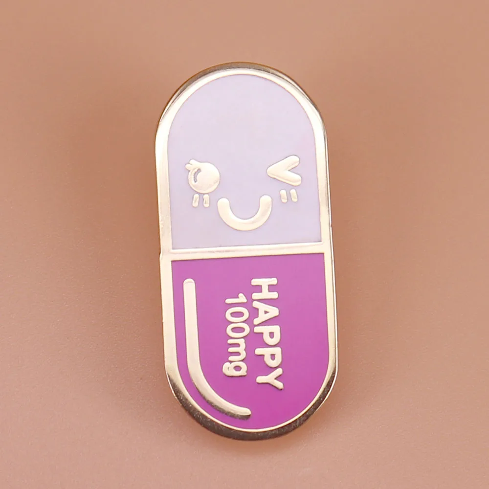 Happ ~ y pill emalia pin kreatywna medycyna odznaka uśmiechnięta twarz broszka tekst 100mg śliczne szpilki lekarz pielęgniarka farmaceuta prezent