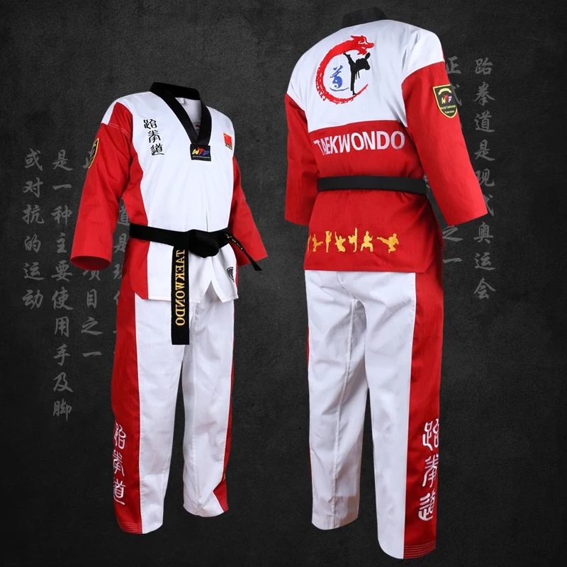 Top Quality Colored Taekwondo Uniform for Adult Children Teenagers Poomsae Dobok Red Blue Black Tae Kwon Do Clothes WTF Approved