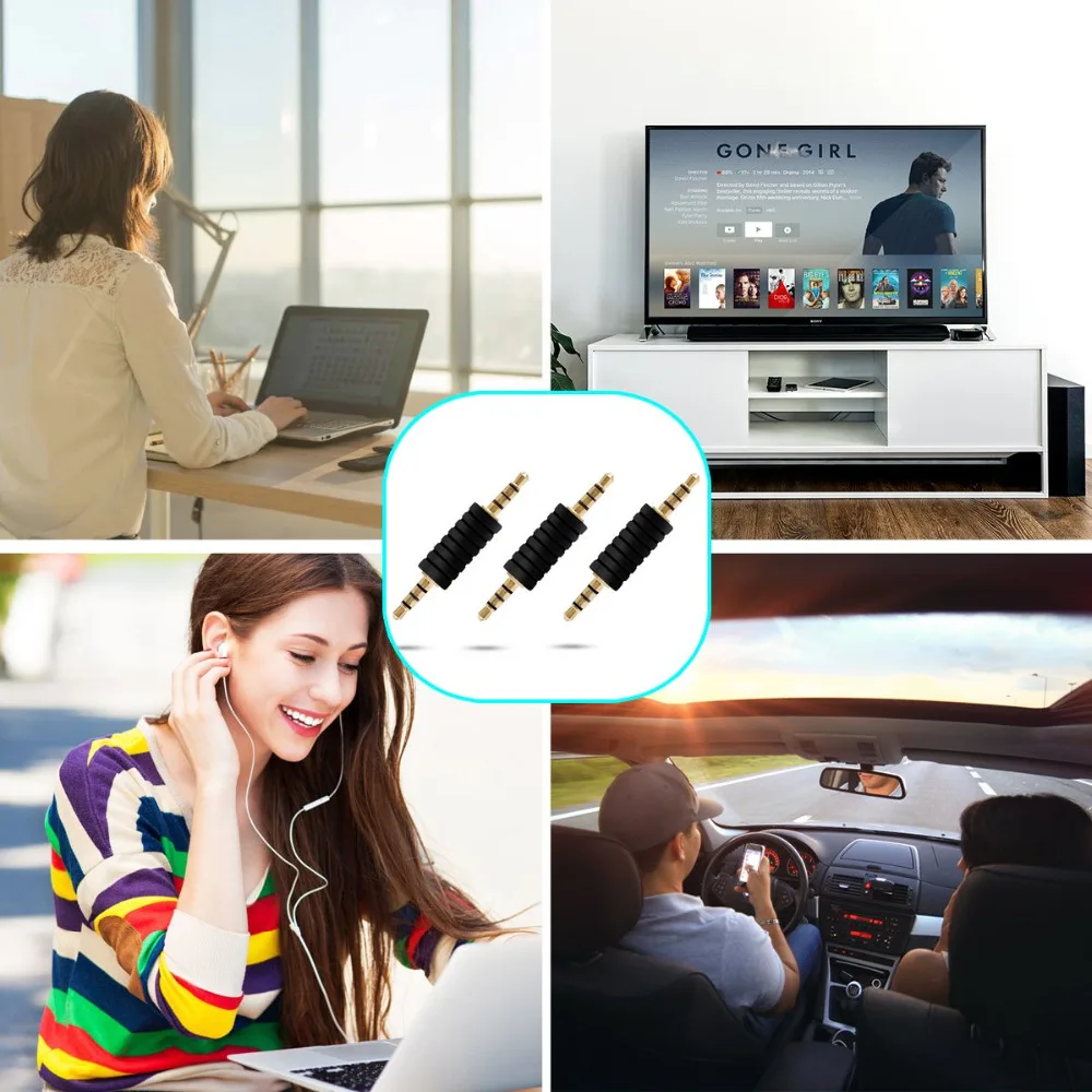 Macho para macho adaptador AUX, 3,5 milímetros Jack, fone de ouvido do carro, adaptador estéreo, pacote de 3