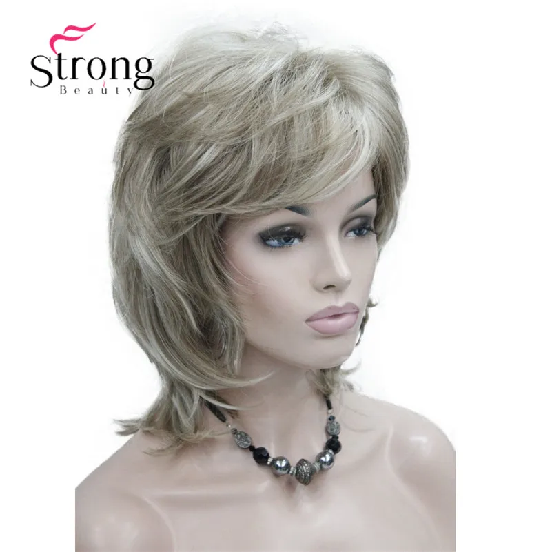 StrongBeauty Short Layered Brown with Blonde Highlighted Classic Cap Full Synthetic Wig Women\'s Hair Wigs COLOUR CHOICES