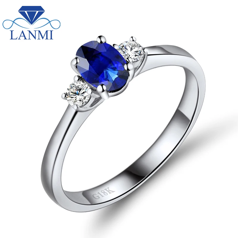 

LANM 4X6mm Oval Gemstone Real 18KT White Gold Natural Blue Sapphire Engagement Ring WU220