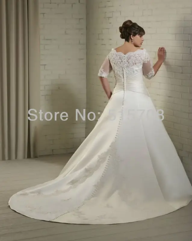 A elegante linha de meia manga andar de comprimento Lace mais de cetim branco marfim Plus Size vestido de noiva vestidos de casamento frete grátis