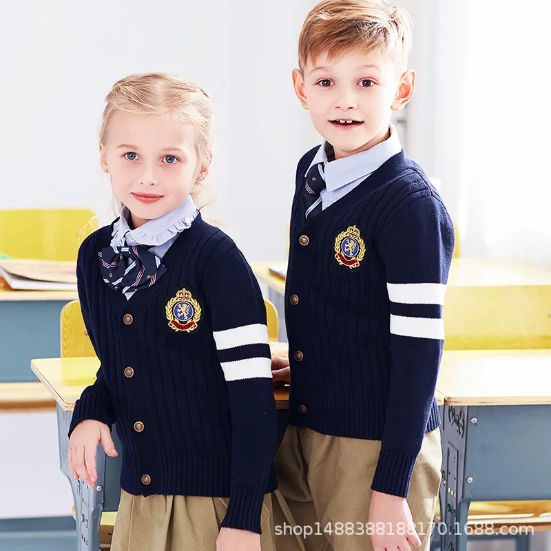 Uniforme escolar para niños, suéter, camisa, falda, uniformes de guardería, cárdigan de algodón, chaleco con cuello en V, traje de 4 piezas D-0624