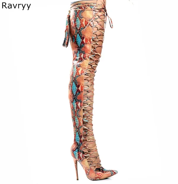 Pointed Toe Cross-tied Woman Long Boots Summer Colorful Snakeskin Over-the-knee Sandal Boots Lace Up Female Motorcycle Booties