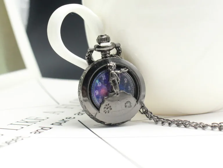 

Hot Selling Classic The Little Prince Movie Planet Blue Bronze Vintage Quartz Pocket FOB Watch Popular Gifts for Boys Girls Kids