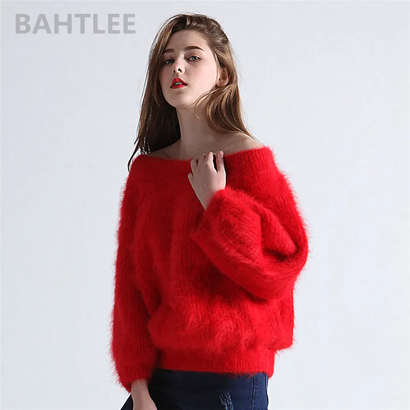 BAHTLEE-Women's Angora Pullovers, Knitted Sweater, Lantern Sleeves, Slash Neck, Keep Warm, Loose Short Jumper, Winter