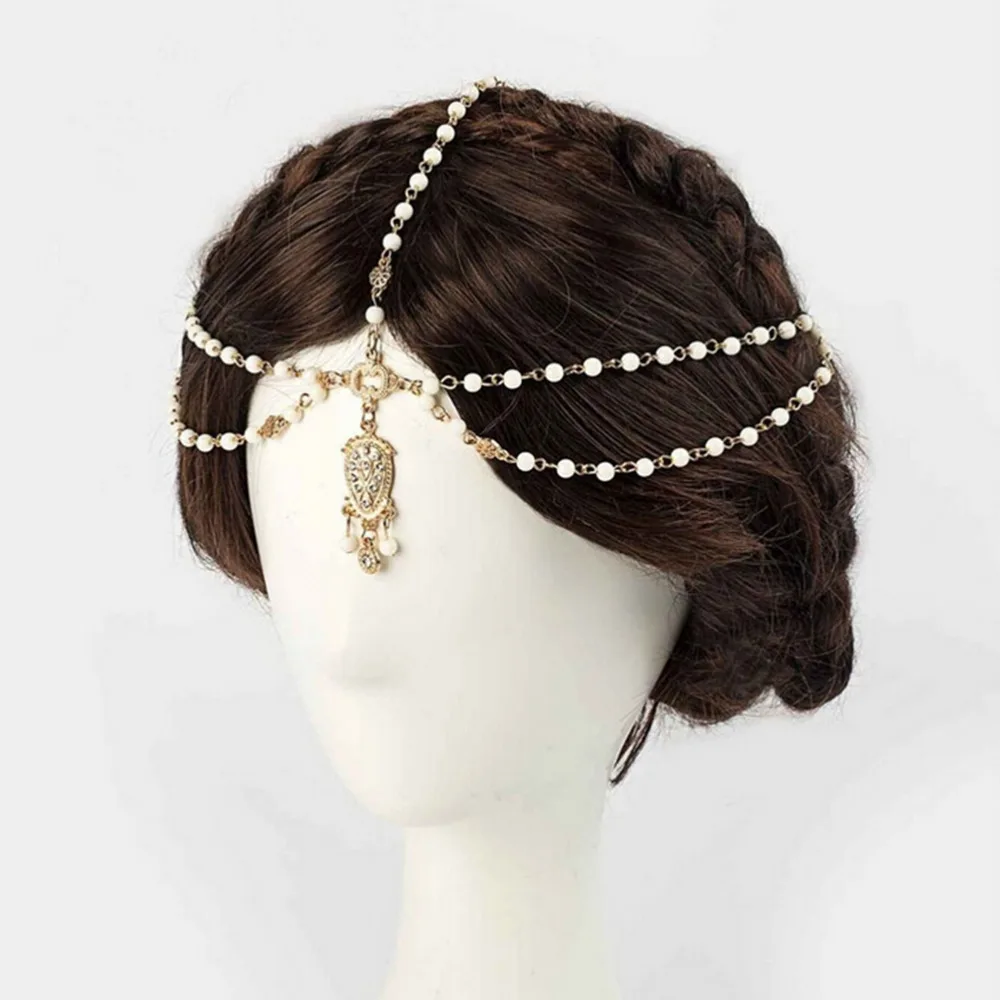 Diadema Tikka con múltiples cuentas de marfil para mujer, cadena para la cabeza de boda, decoración Vintage