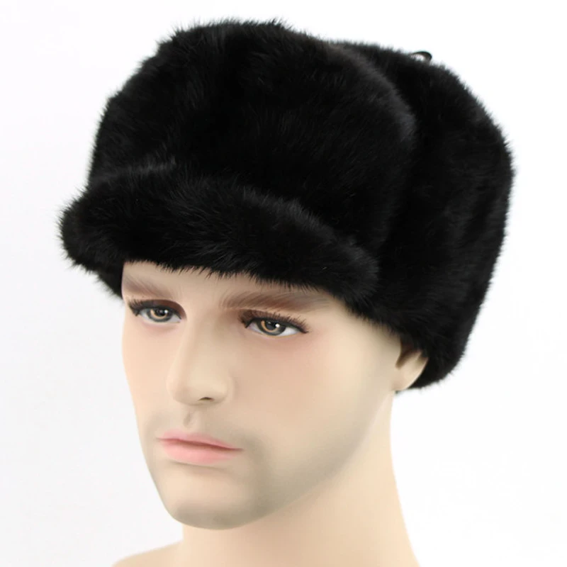 

2020 new men's genuine whole mink fur hat high quality handmade warm ear protection with canopies solid beanie two colors