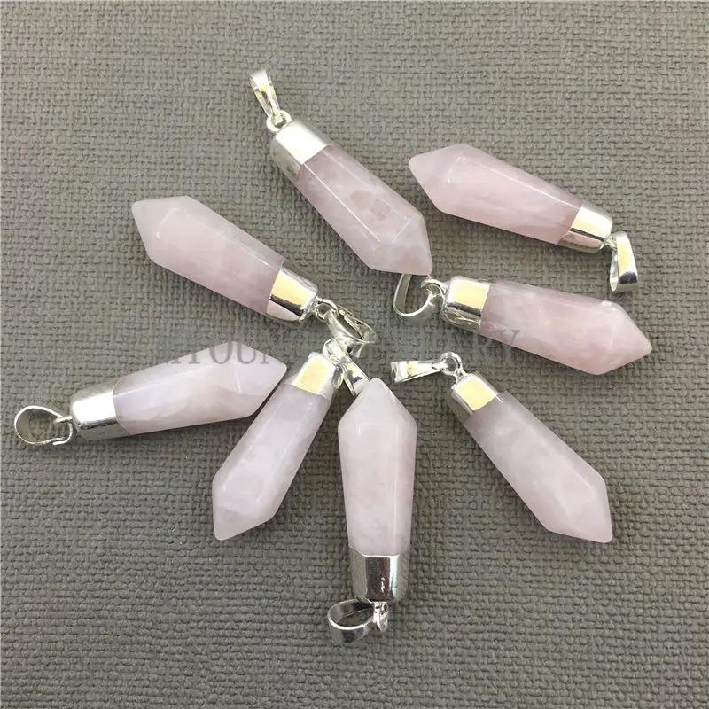 

MY0240 Pink Crystal Quartz Petite Spike Pendant Charm With Silver Plated layered Cap