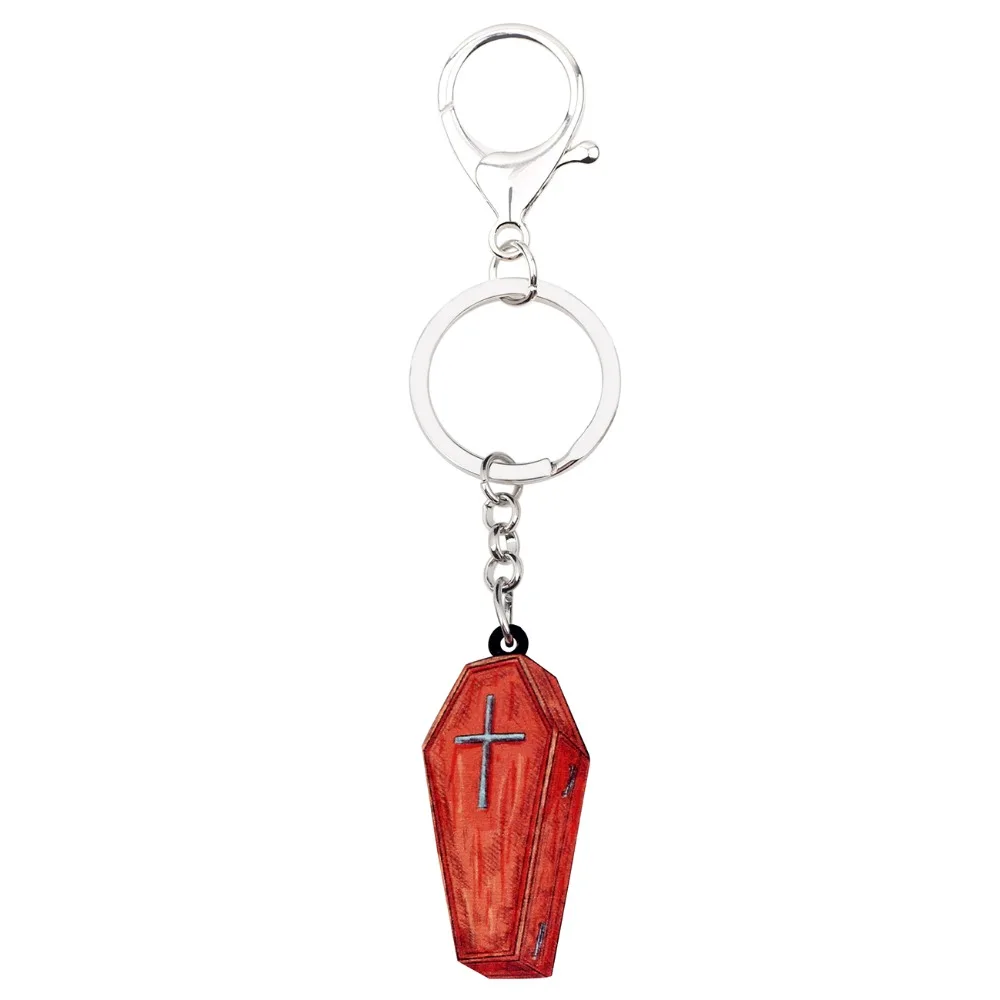 Bonsny Acrylic Halloween Red Coffin Casket Key Chain Keychain Ring Unique Punk Jewelry For Women Girls Bag Car Purse Charms Gift