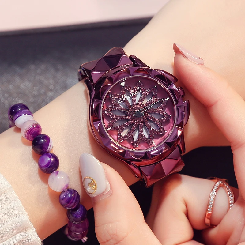 Woman watch purple flower pattern turn round ladies watch Waterproof Fashion Style Steel Watchband female watch