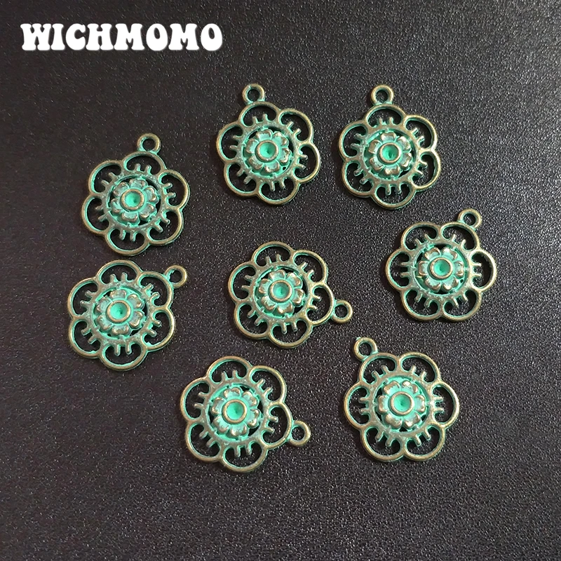 30pcs/bag 17MM Round Retro Patina Plated Zinc Alloy Green Flowers Charms Pendants For DIY Jewelry Accessories