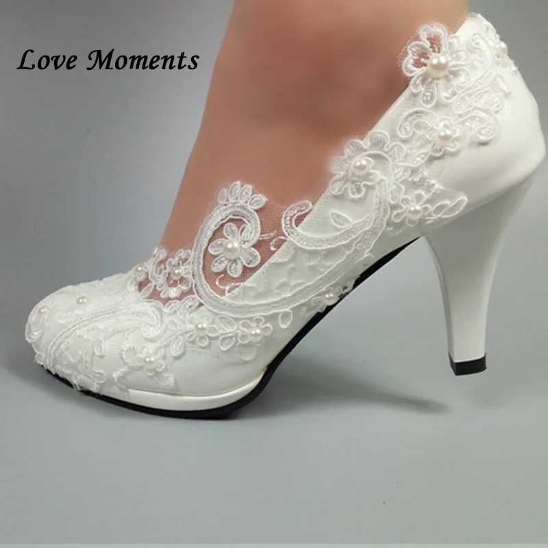 

Love Moments White Lace Ladies Wedding shoes High heeled Bridal fashion shoes Party dress shoes platform shoes woman