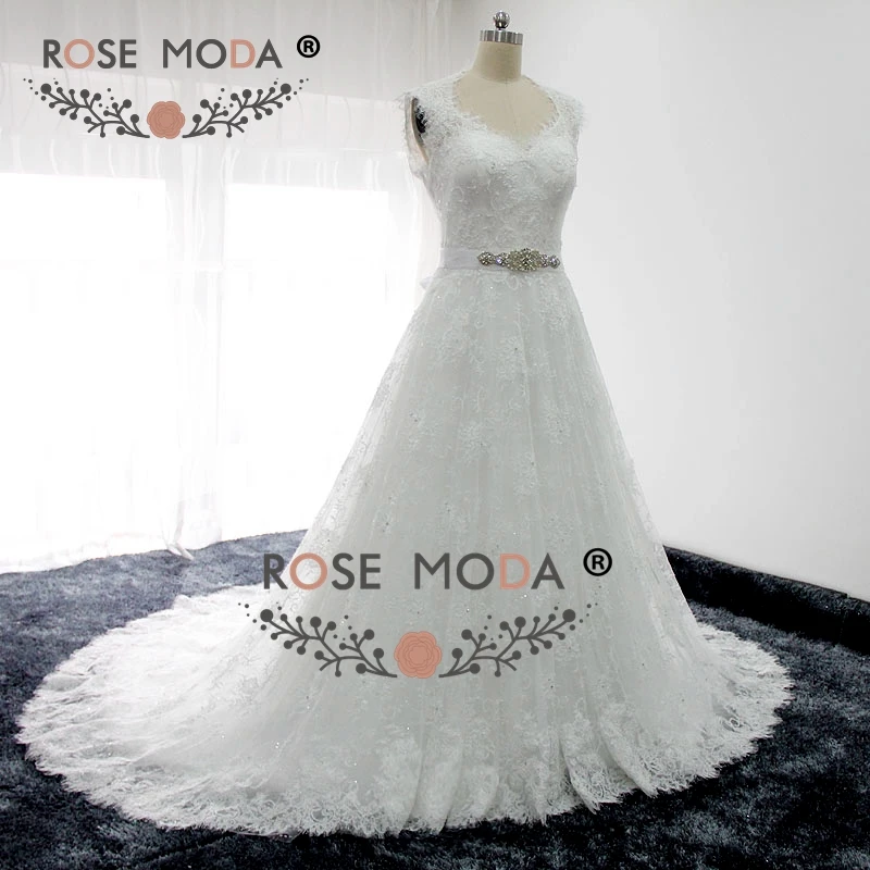 Rose Moda Cap Sleeves Chantilly Lace A Line Wedding Dress with Removable Crystal Belt Real Photos