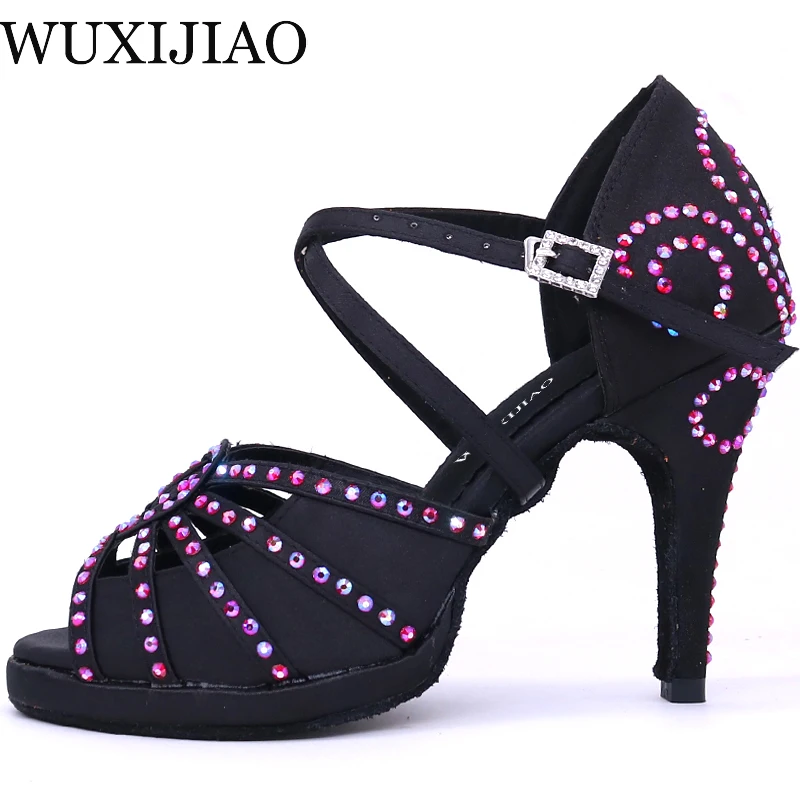 WUXIJIAO Latin dance shoes Red flash rhinestone shining Skin Black satin Women Salsa party Ballroom shoes Cuba 9cm heel