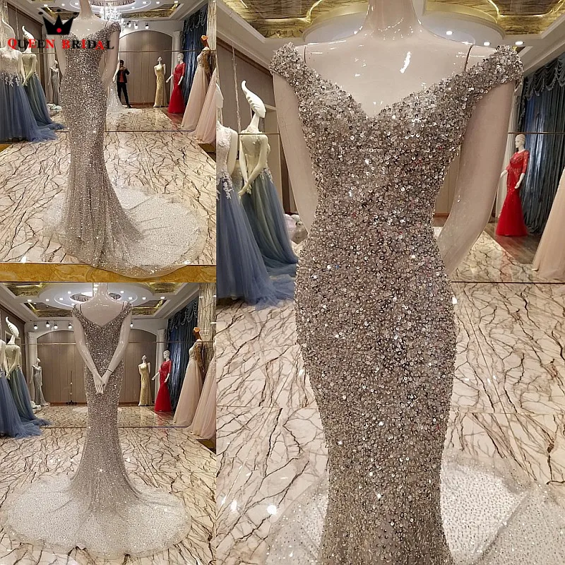 QUEEN BRIDAL Luxury Mermaid Evening Dress Sexy Bling Sequins Crystal Long Party Prom Gown Dress Robe De Soiree Real Photos BY07