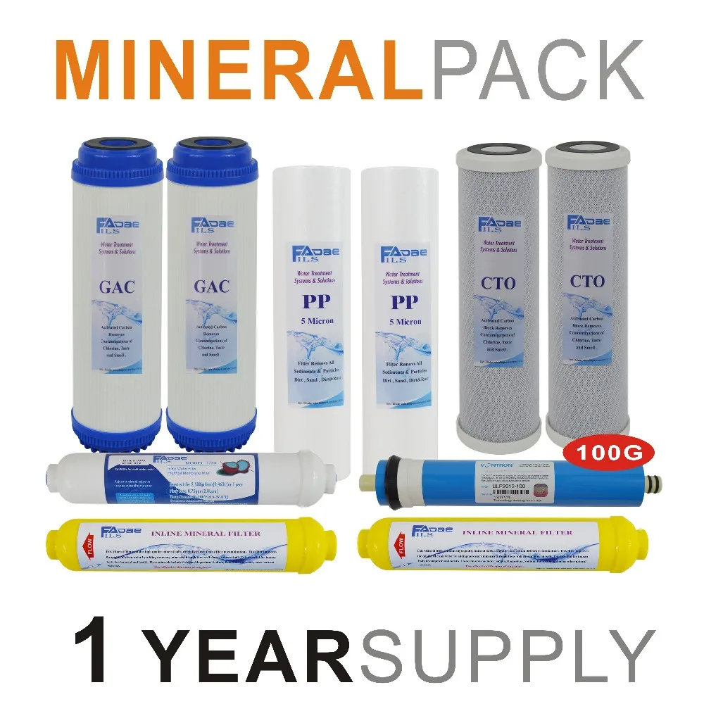 Mineralization Reverse Osmosis System Replacement Filter Sets -10 Filters with 100 GPD RO Membrane Element - 1 Year Supply