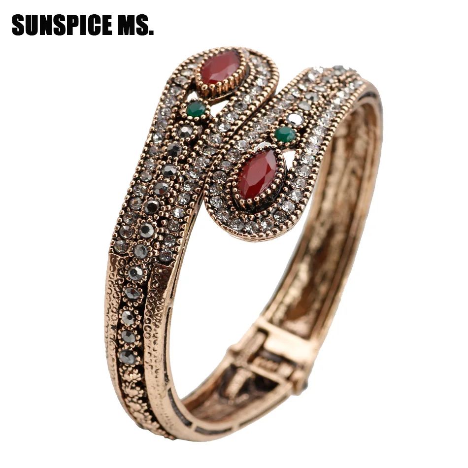 Exquisite Turkish Red Resin Retro Bangle Vintage Cuff Bracelet For Women Antique Gold Color Boho Wedding Jewelry Spring Opening