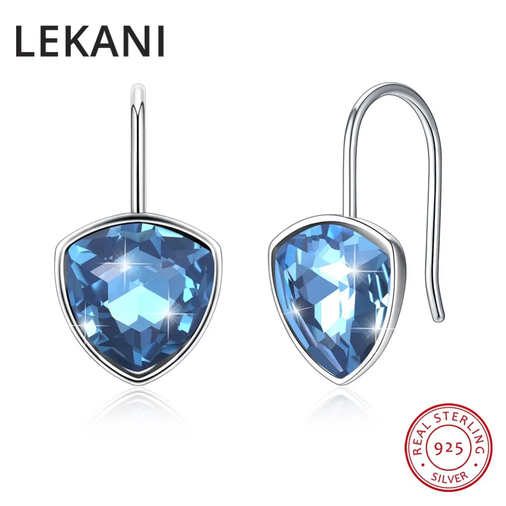 LEKANI Original Crystals From Austria Blue Heart Drop Earrings Real S925 Silver Fine Hanging Jewelry For Women Wedding Gifts