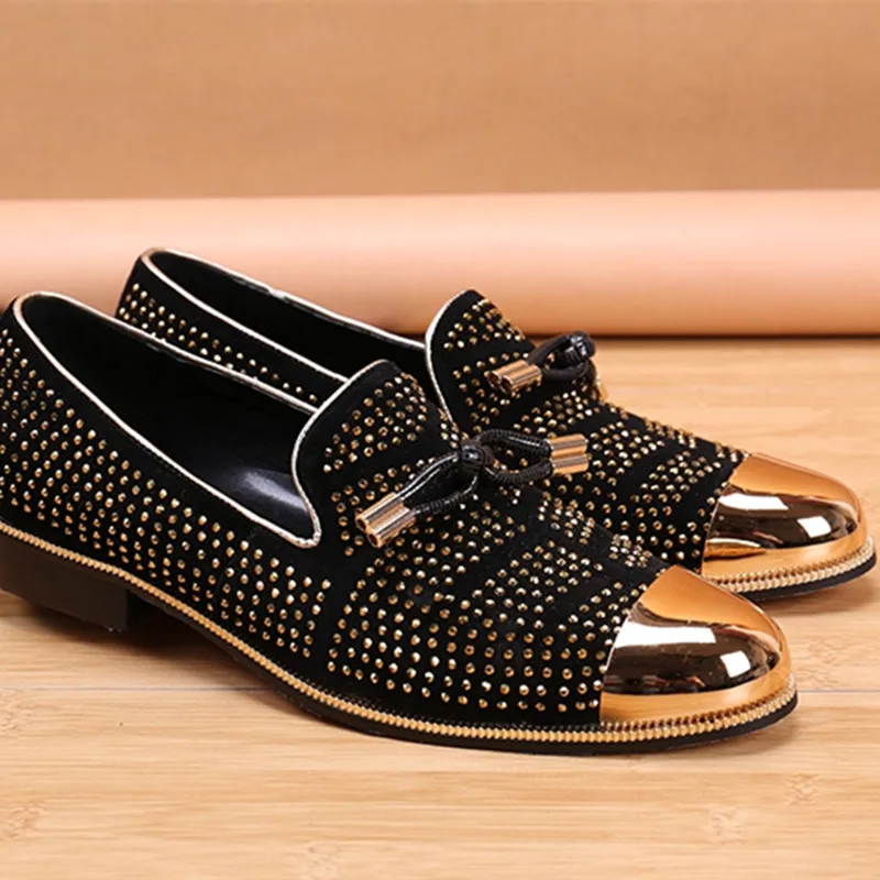 2017 Italian Shoe Brands metal toe rhinestone gold dress shoes men velvet slippers Zapatilla Hombre mens loafers flats size12