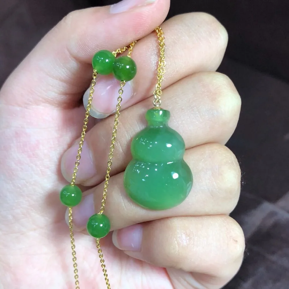 

Zhe Ru Jewelry18k Gold Inlay Natural Hetian Jasper Spinach Green Gourd Pendant Necklace Sexy Clavicle Chain