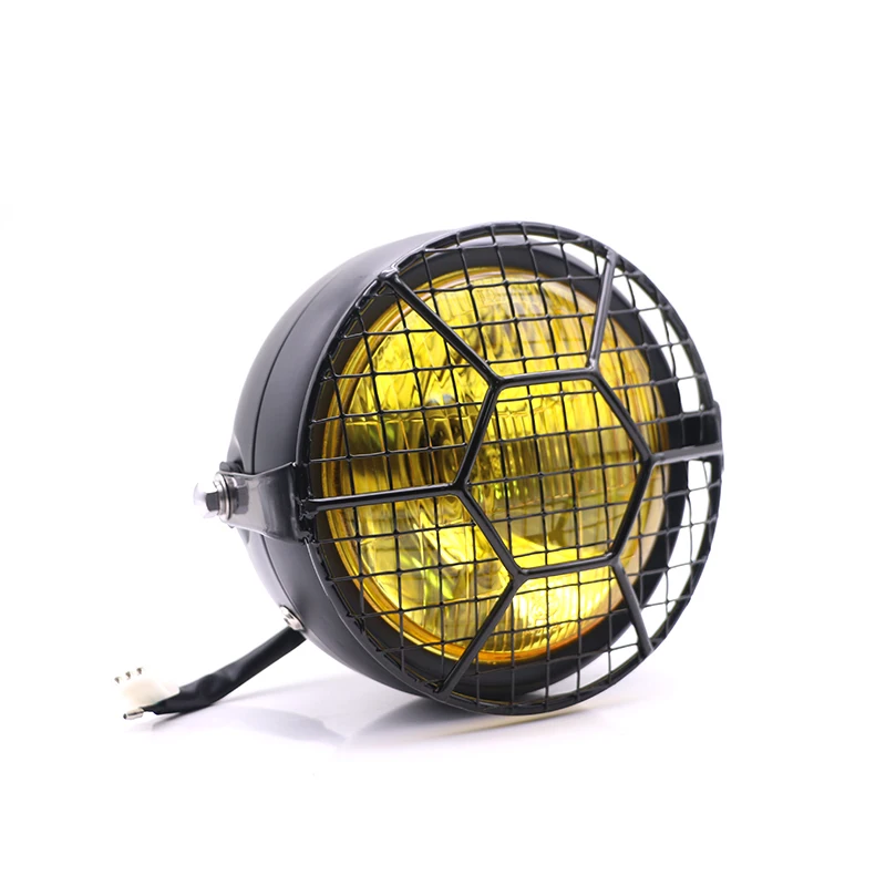 

Nuoxintr Retro 35W Motorcycle Front Headlight Black Metal Grid Lamp Classic Round HeadLamp for Honda CB100 CB125S GN125 CG125