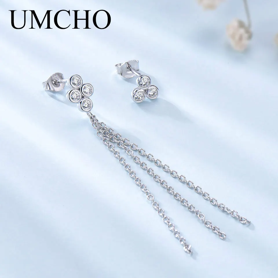 UMCHO Real 925 Sterling Silver Jewelry Asymmetry Tassel Silver Drop Earrings For Women Special Party Gifts Fine Jewelry