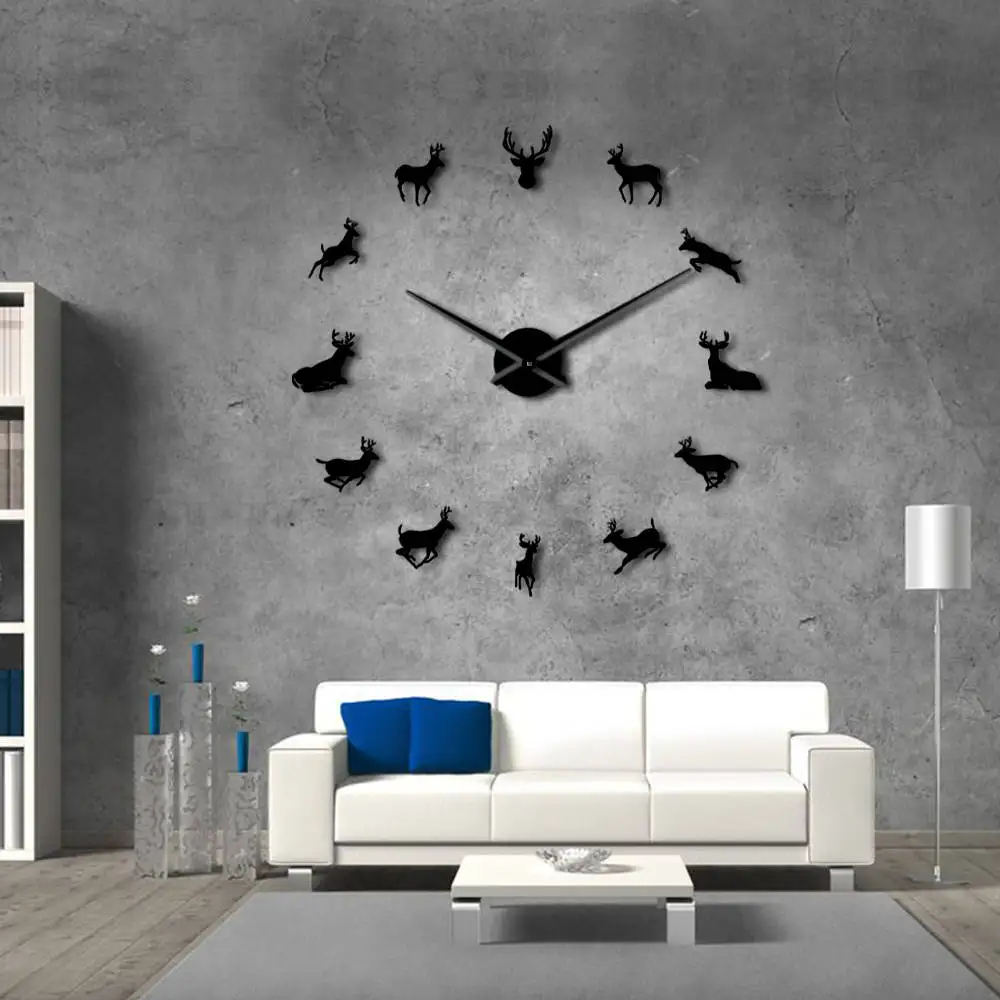 Deer Head DIY Giant Wall Clock Woodland Deer Hunter Modern Deer Antler Wall Clock Acrylic Mirror Effect Animals Home Decorations