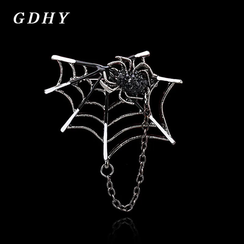 GDHY Retro Big Spider Spider web Tassel Brooches Black Rhinestone Insect Spider Brooch Pins For Kids Men Tassel Badge Broch Gift