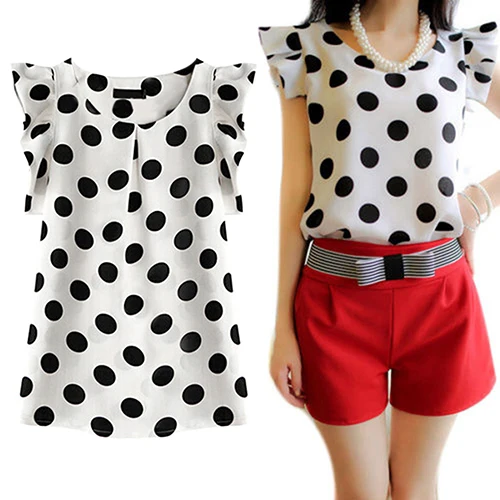 Fshion Fashion Women Polka Dots Casual Chiffon Blouse Short Sleeve Summer Tops