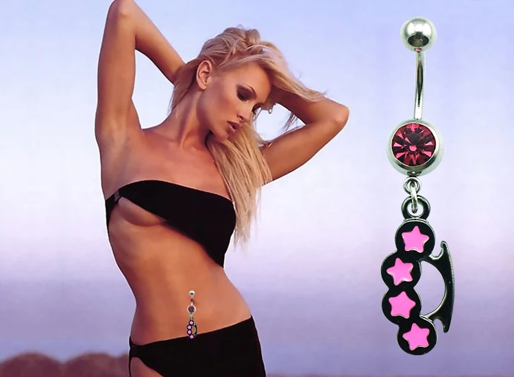 JINGLANG Arrival Belly Rings Surgical Steel Barbell Dangle Pink Enamel Black Brass Knuckles Navel Piercing Jewelry Free Shipping