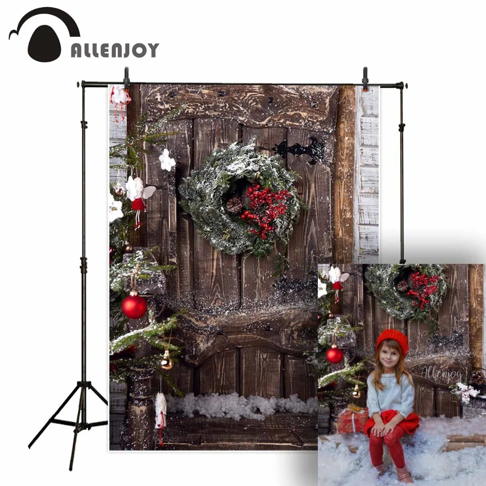 Allenjoy background for photo studio christmas wood door wreath red berries backdrop professional photocall printed