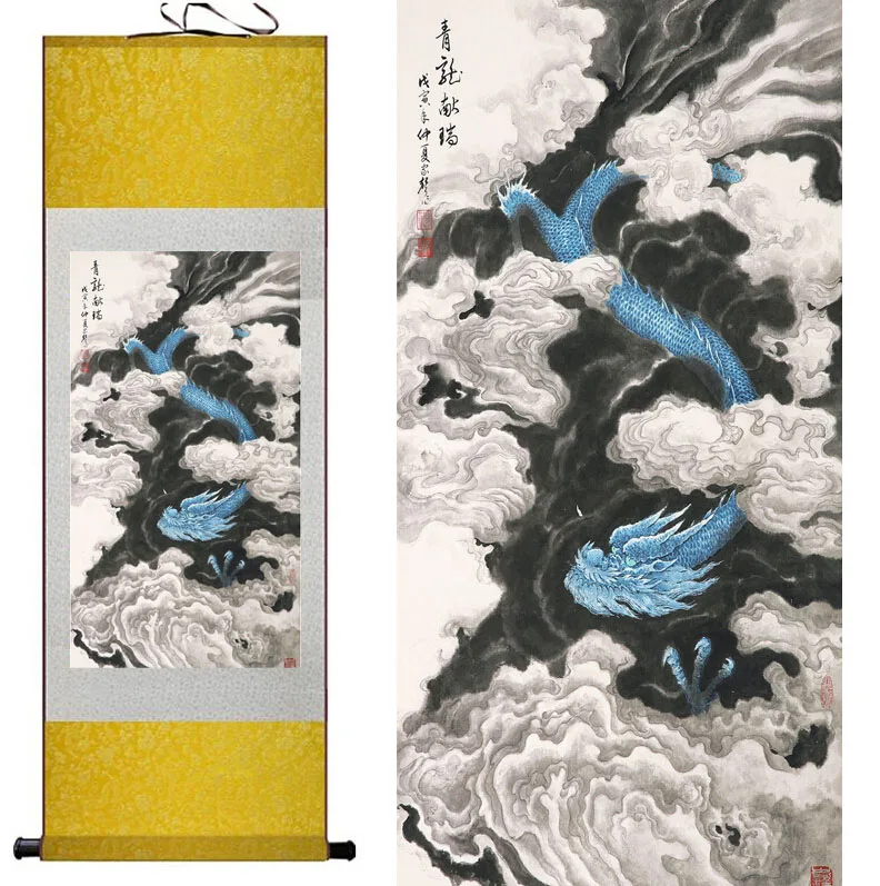 Top qualtiy Dragon painting  Blue color  dragon painting   Chinese scroll painting dragon painting