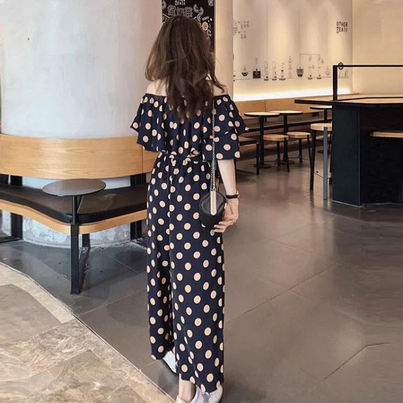 Boho Chic Polka Dot Jumpsuit 2019 Off ไหล่ Flunce เกาหลี Overalls ลูกไม้กว้างขา Elegant Jumpsuits สำหรับสตรี 2019 DD2160