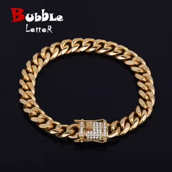 Bubble Letter Men's Stainless Steel Cuban Miami Link Bracelet Iced Rhinestone Clasp Gold Color Hip hop Bracelet Chain 21.5CM